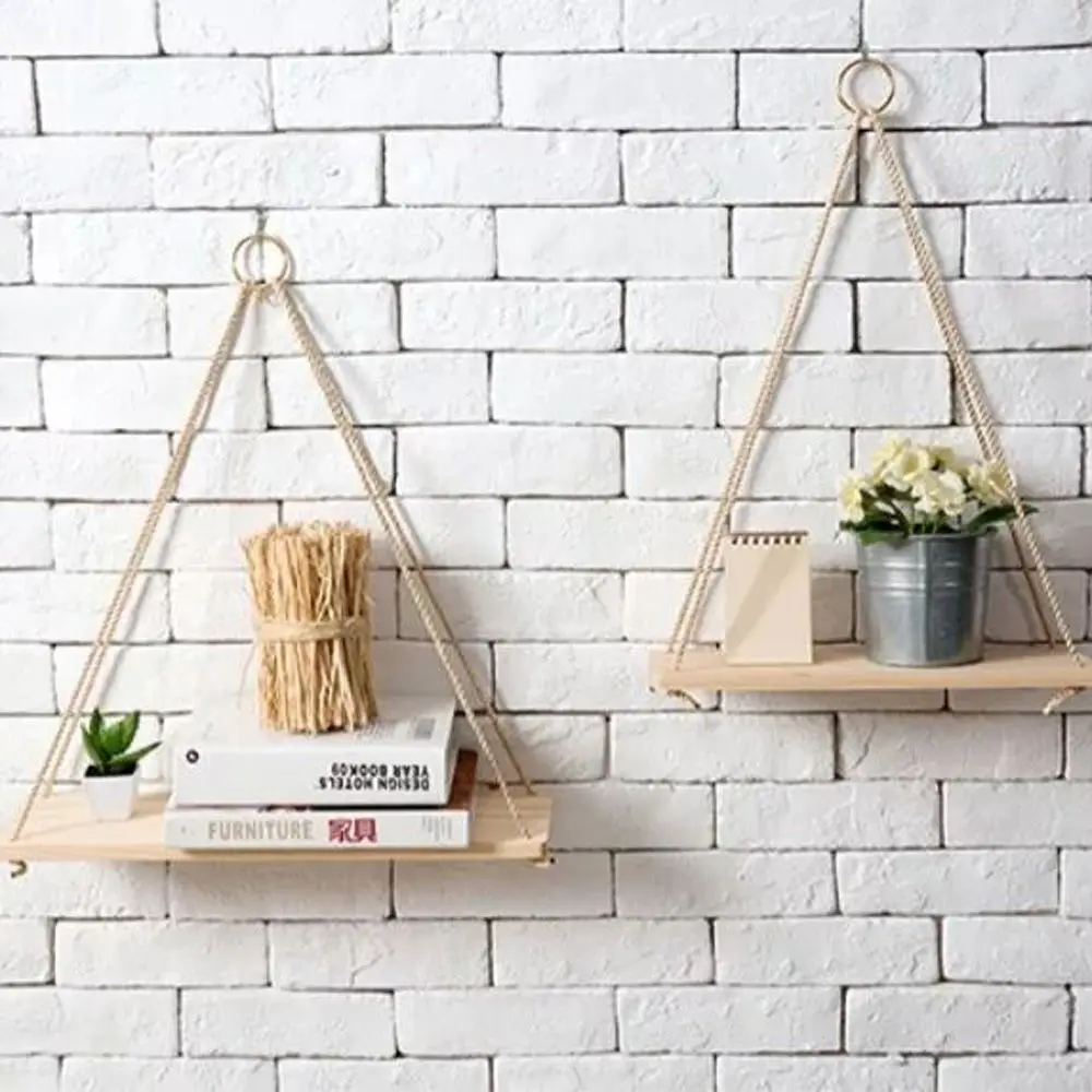 

Vintage Hanging Rope Wooden Shelves Holder Book Ablum Floating Shelf Storage Rack for Kids Bedroom Living Room