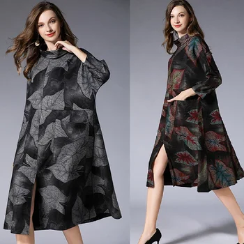 

Fashion women Elegant Dress Turtleneck Printed one-piece Dress Split end 3/4 sleeves MIDI Dress Comfortable Loose fit tunics