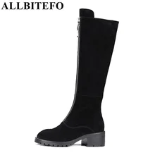 ALLBITEFO Mode chevalier femmes bottes en cuir Véritable épais talon femmes genou haute bottes bout rond hiver chaud plate-forme de neige bottes