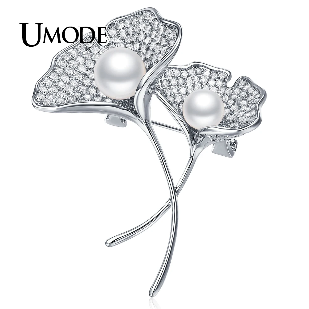 UMODE Модные украшения листья гинкго Броши с жемчужинами для Для женщин Белый Модный золотой цвет австрийский страз женские броши AUX0018B