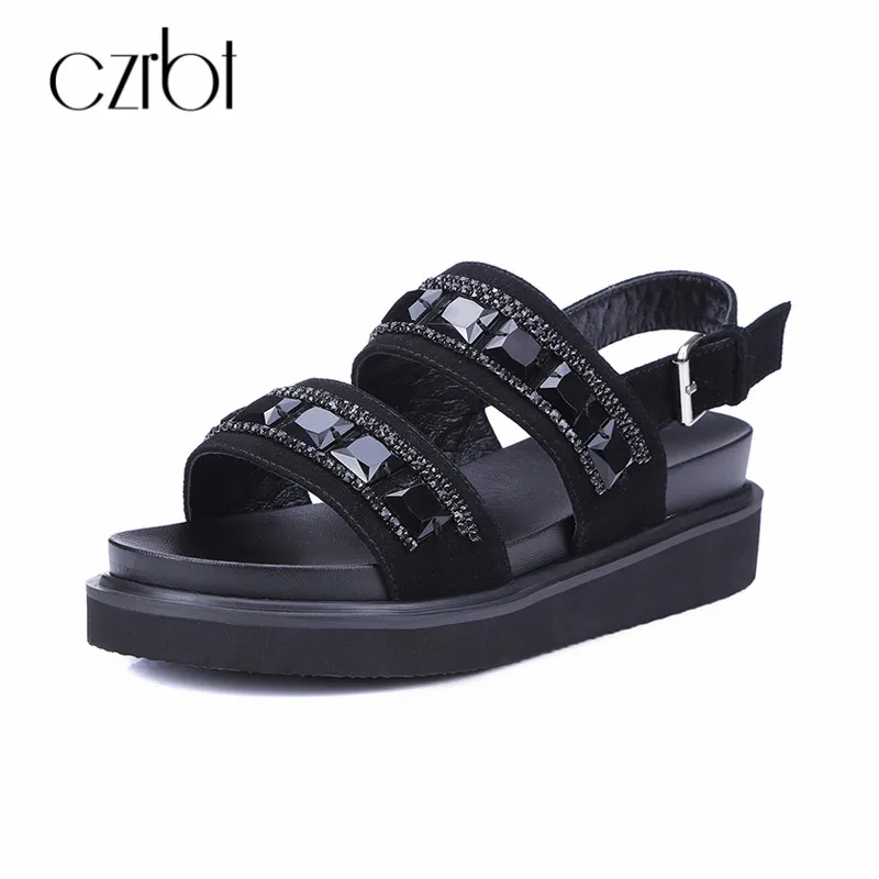 

CZRBT 2018 Leisure Open Toe Buckle Strap Platform Shoes 5cm Crystal Women Shoes Solid color Kid Suede Wedges Women Sandals