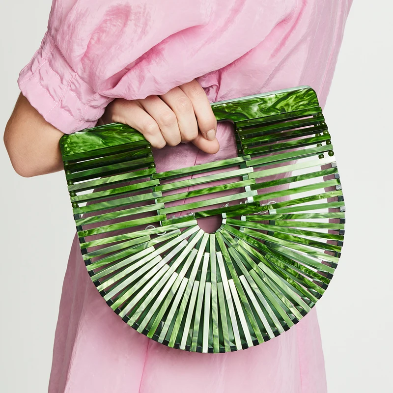 

Bag Women 2018 Fashion Acrylic Bags Summer Half Round Beach Bag Hollow Basket Handbag Ladies High Street Pose Handbags Pink
