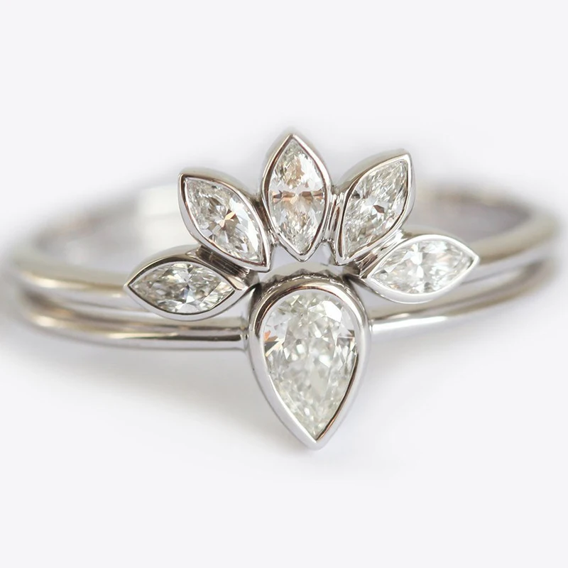 

European Luxury Jewelry Pear-shaped Zircon Rings Set Women's Style Simple Inlaid AAA Cubic Zirconia Wedding Rings Party Jewelry