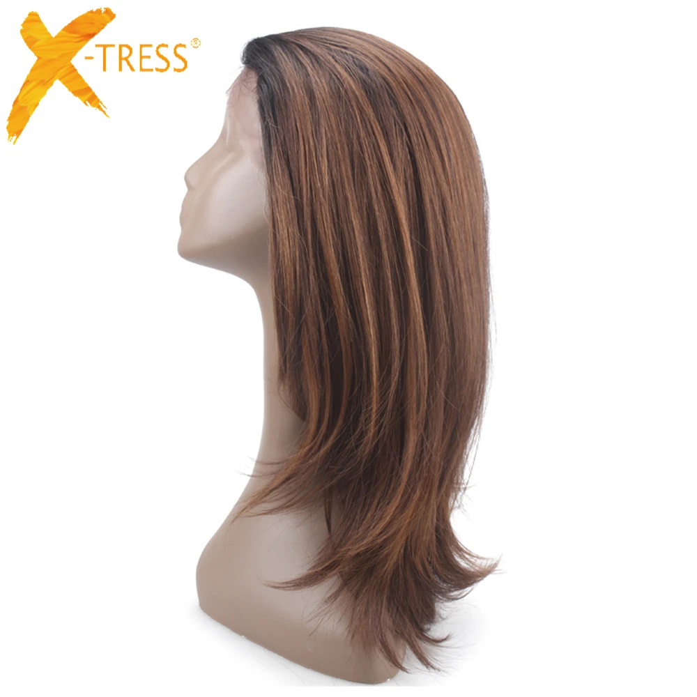 

Soft Straight Synthetic Lace Front Wigs With Short Baby Hair X-TRESS Ombre Brown Color Trendy Lace Wig Free Part For Black Women