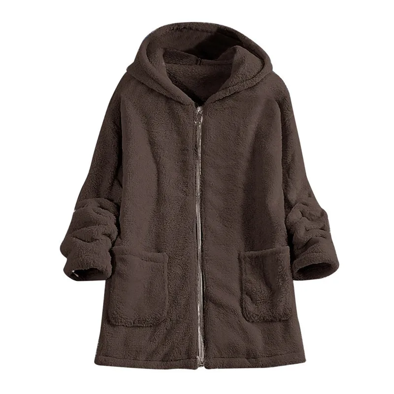 Женский шерпа кардиган свитер с капюшоном пушистые флисовые топы с карманом длинное пальто на молнии повседневные теплые свитера - Цвет: brown