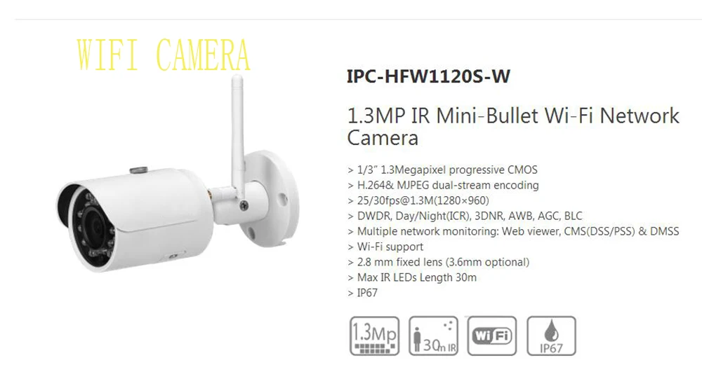 

DAHUA 1.3MP WIFI Small Fixed IR Bullet IP Camera IP67 with 30M IR Distance Original English Version without Logo IPC-HFW1120S-W