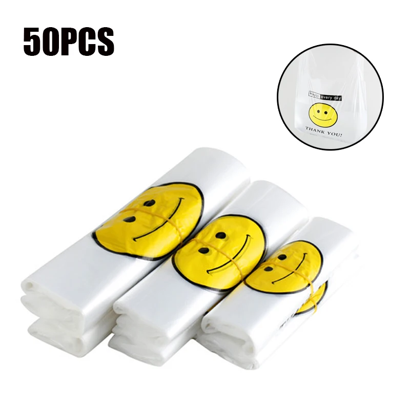 

50PCS kitchen accessories Smiling White Dot Transparent plastic Bag Shop Supermarket Shopping Handbag with Handle Food packaging