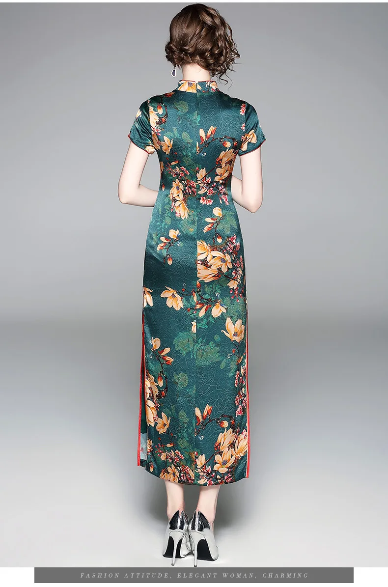 OYCP/2018 новое летнее китайское длинное платье Чонсам печать зеленого цвета винтажное элегантное китайское шелковое платье с длинным шлейфом