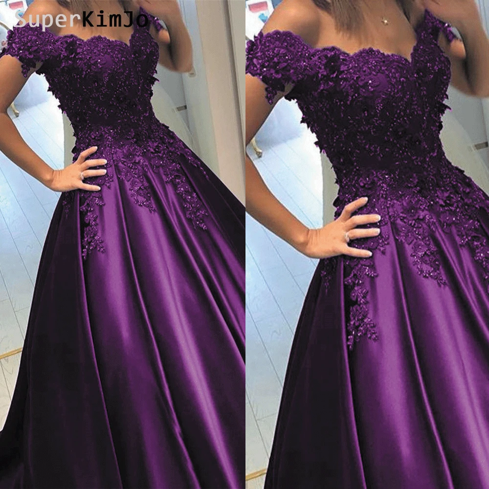 

SuperKimJo Vetidos De Festa Purple Prom Dresses 2019 Off the Shoulder Lace Applique Beaded Prom Gown Senior Formal Dress
