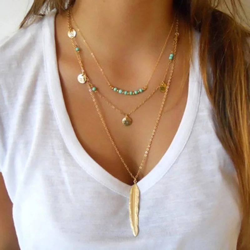

New Fashion Feather Necklace Leaf Layer 3 Necklace Multilayer Necklace Women Beads Sequins Kolye Vintage Easter Pendant Jewelry