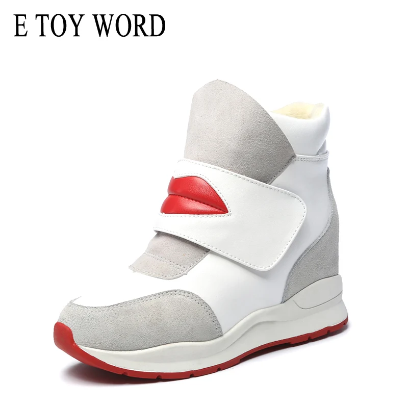 

E TOY WORD womens ankle boots suede leather soft plush snow boots lip print hook loop Increasing winter women shoes sneakers