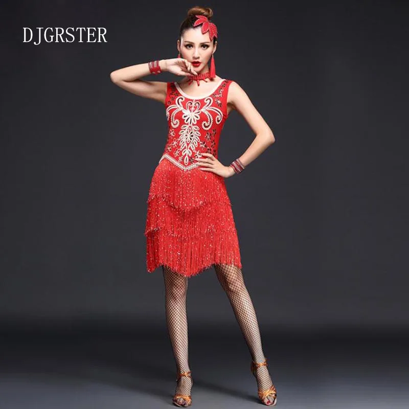 DJGRSTER Women Latin Dance Dress Fringe Ballroom Dancing Dresses Latin