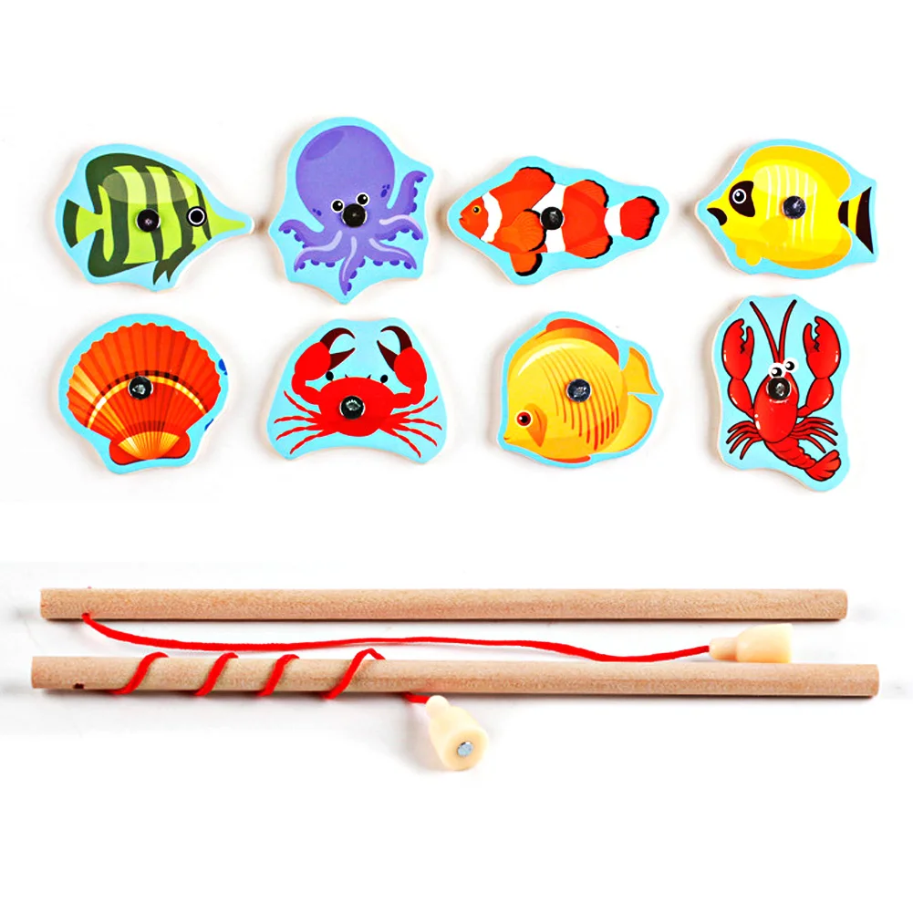 Детская Магнитная настольная игра «Рыбалка» со стержнем деревянная мультяшная лягушка кошка головоломка игрушки для детей обучающая игрушка для рыбалки