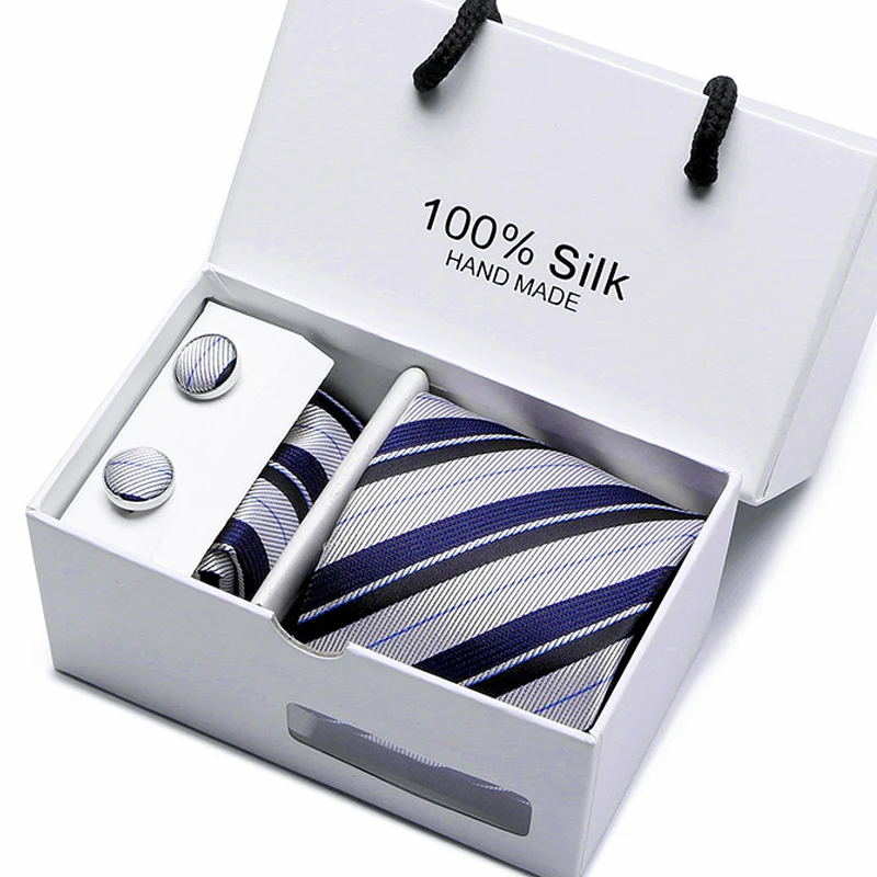  Gift box packing men brand luxury necktie pocket square wedding men's neck ties silk tie set cuffli