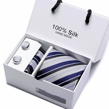 

Gift box packing men brand luxury necktie pocket square wedding men's neck ties silk tie set cufflinks handkerchief