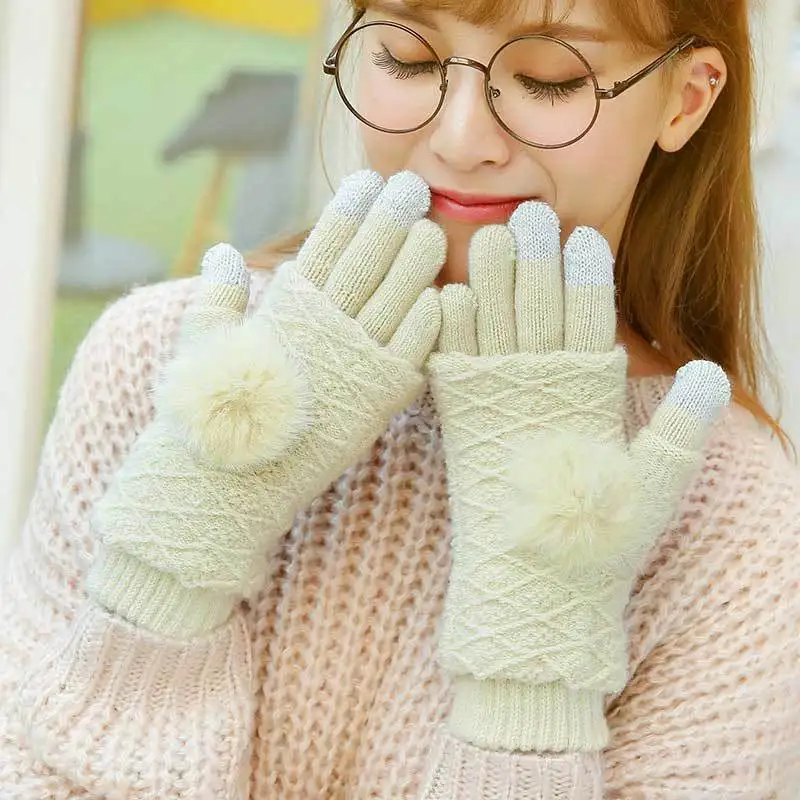 Перчатки женские зимние теплые двухслойные раздельные перчатки без пальцев женские варежки с помпонами из кроличьего меха женские перчатки - Цвет: Hair ball-Beige