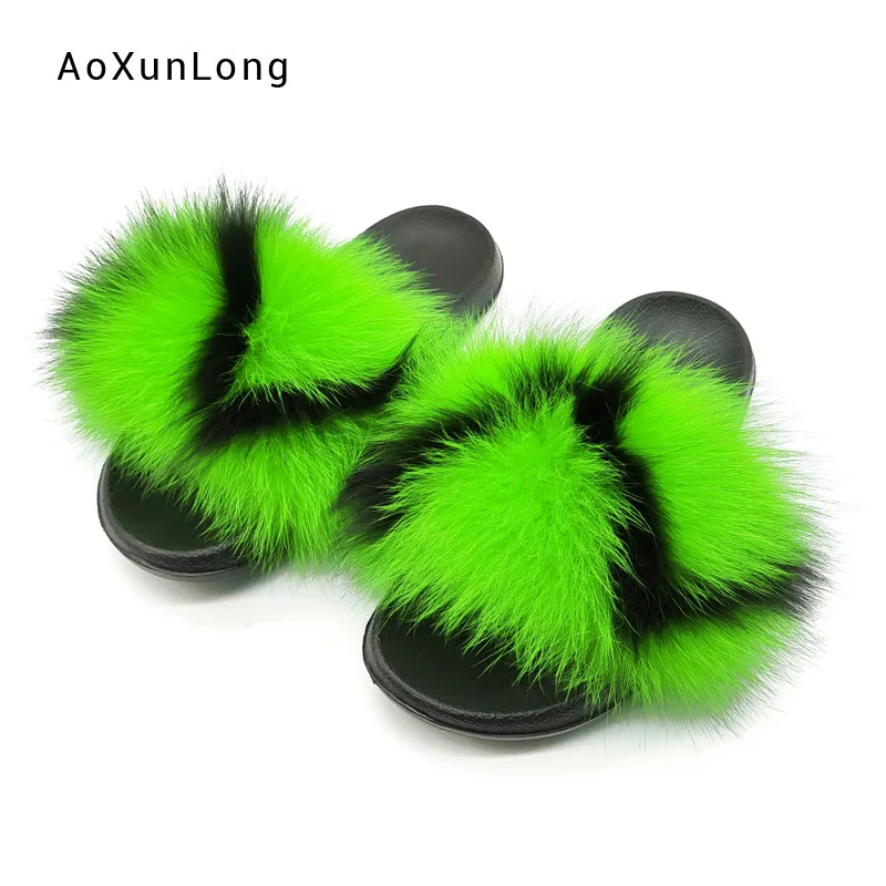 

New Arrival Summer Women's Fox Fur Slippers Fashion Striped Colorful Furry Fox Hair Sandals Home Indoor Fluffy Comfort Slippers