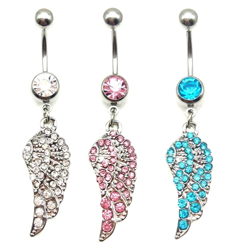 Angel Wing Navel Piercing Ombligo pink/lake blue/white Crystal Belly Button Rings Summer Body