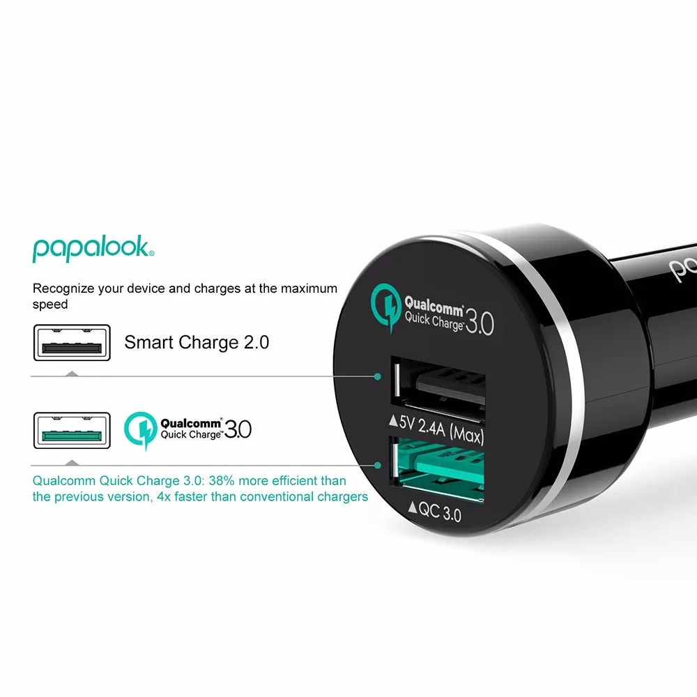 Papalook المزدوج USB شاحن سيارة للجوال هاتف لوحي شاحن سريع سريعة تهمة QC 3.0 سيارة مهايئ شاحن الهاتف في السيارة 12 V