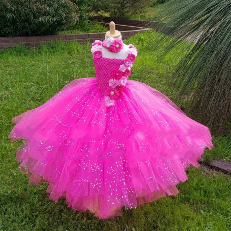Шикарная мечта, ярко-розовое платье-пачка с цветочным узором для девочек свадебное платье блестящее v-образное платье-пачка детское платье подружки невесты