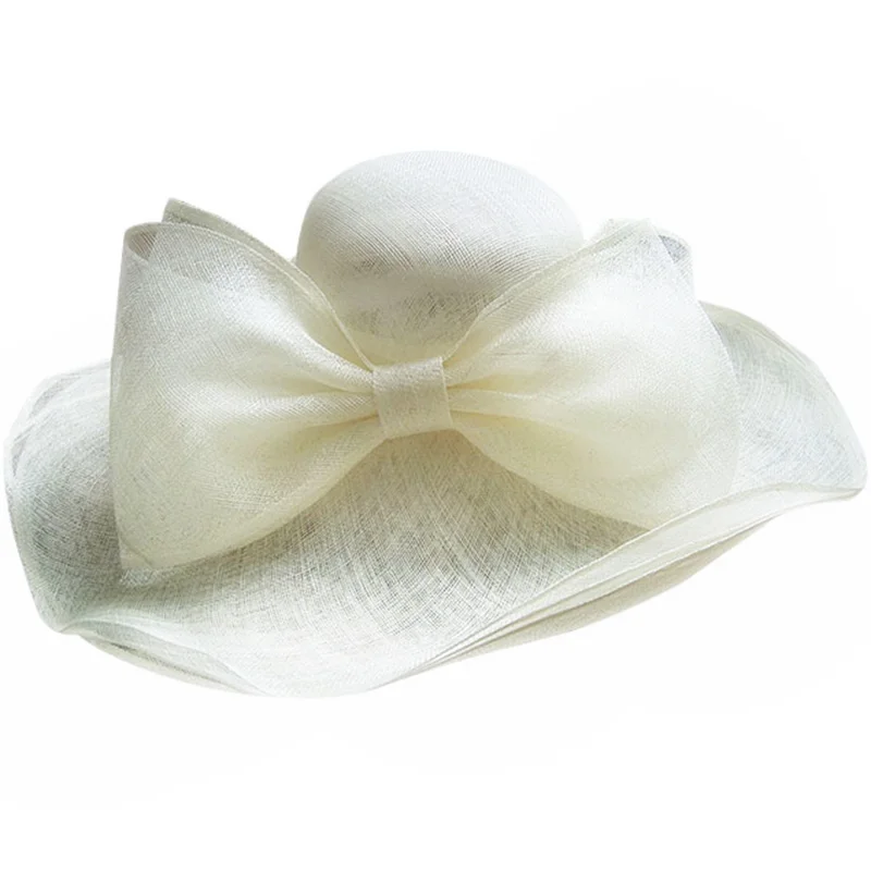 FS elegante negro Beige blanco Lino boda sombreros Bowknot Sinamay mujeres Kentucky Derby sombrero señoras gran ala ancha Chapeau Fedora - 5