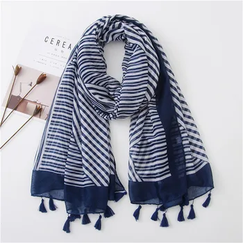 

Women Fashion Navy Blue Striped Line Viscose Shawl Scarf Lady Print Pashmina Scarves Wrap Hijab Sjaal Female Autumn Winter Capes
