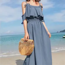 ФОТО women long strap dress casual thin elastic waist flounce elegant dresses korean summer 2018 new sundress high quality