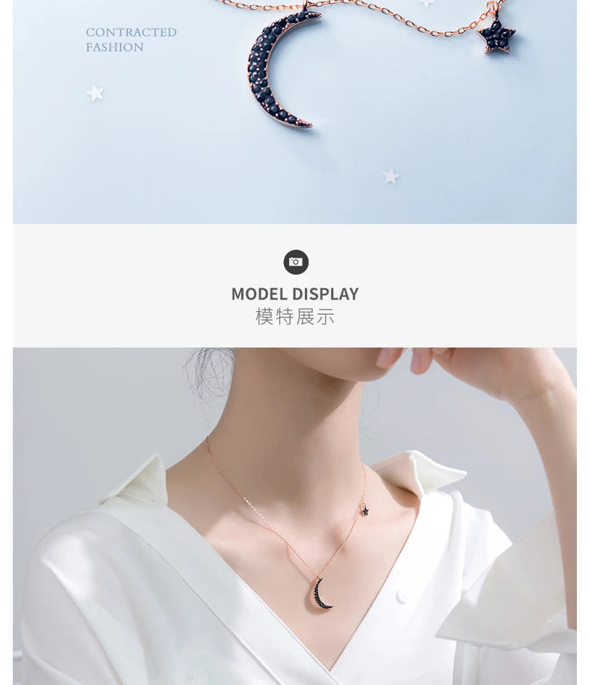New Minimalist Jewelry Women's Fashion 925 Sterling Silver Moon Star Pendant Chokers Necklace Girl Lady Collier Argent 925 Vrai (7)