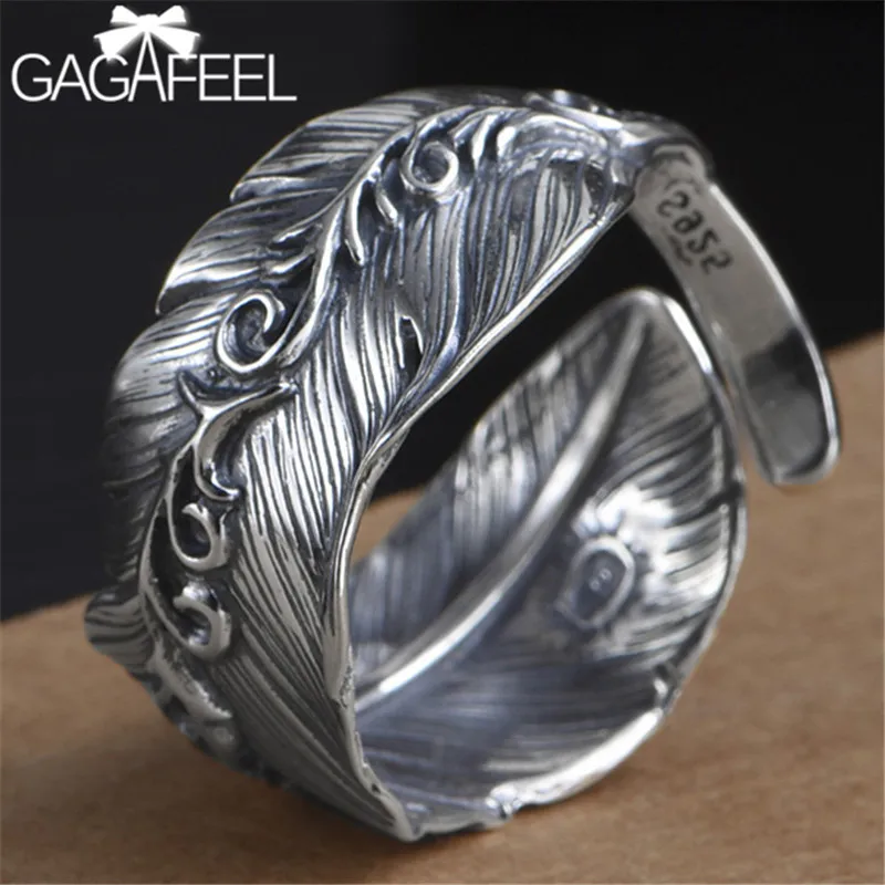 

GAGAFEEL Real 925 Sterling Silver Feather Ring Men's Male Rings Adjustable Punk Retro Silver Jewelry High Quality