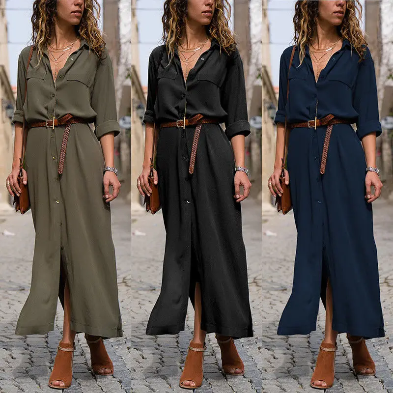 

Fashion Evening Party Summer Beach Sundress Women Sexy Casual Shirt Dress Long Sleeve Deep V Neck Split Solid Long Maxi Dress