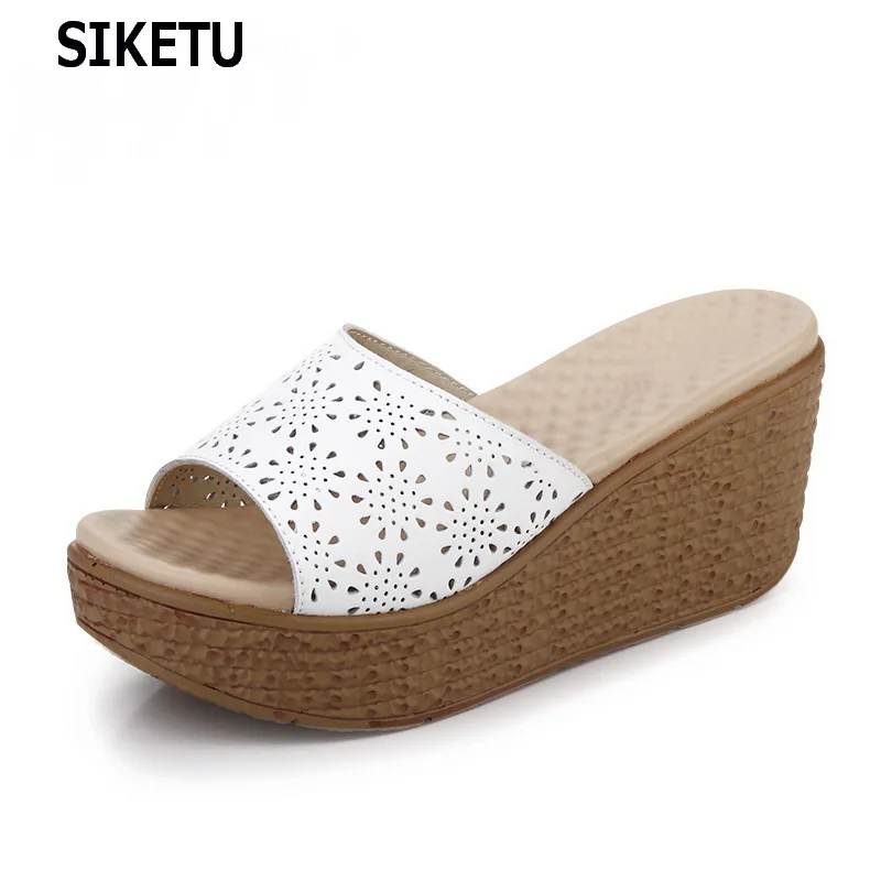 

Women Mules Clog Shoes Leather Slip on Peep Toe Ladies Cork Wedge Sandals Female Platform Sandals Shoes Flats 2018 Summer