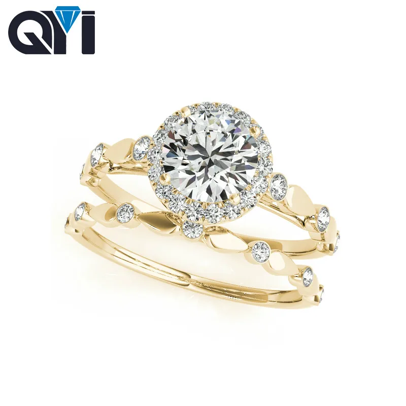 QYI 14K Solid Yellow Gold Ring Sets Round Cut 1 Carat Moissanite Diamond Jewelry Women Halo Engagement Wedding Rings