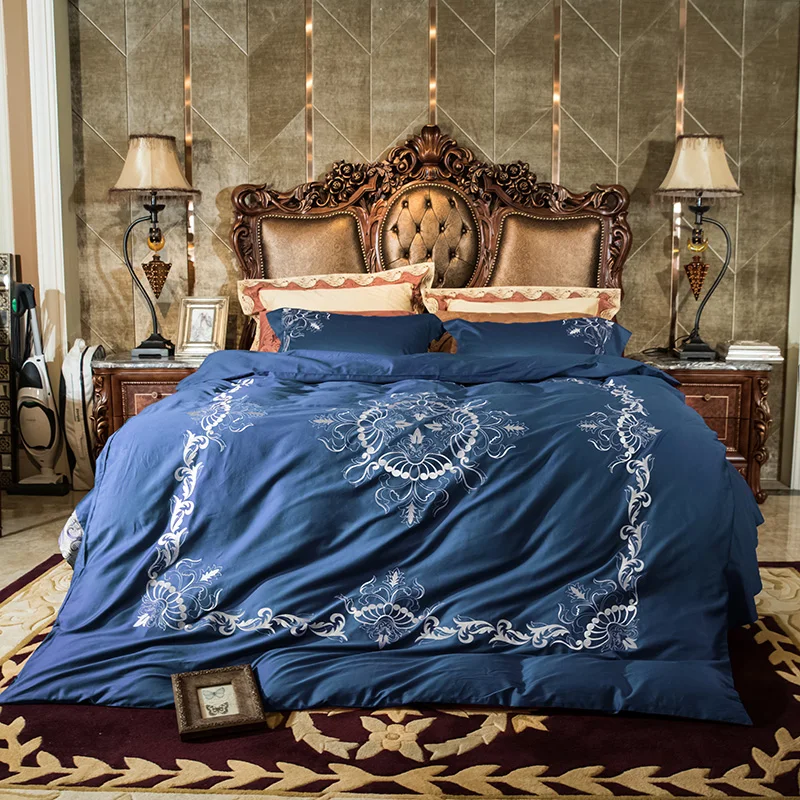 

Egyptian Cotton White Blue Luxury Bedding Set Queen King size Double Bed set Embroidery Duvet Cover Bed Sheet set Pillowcase