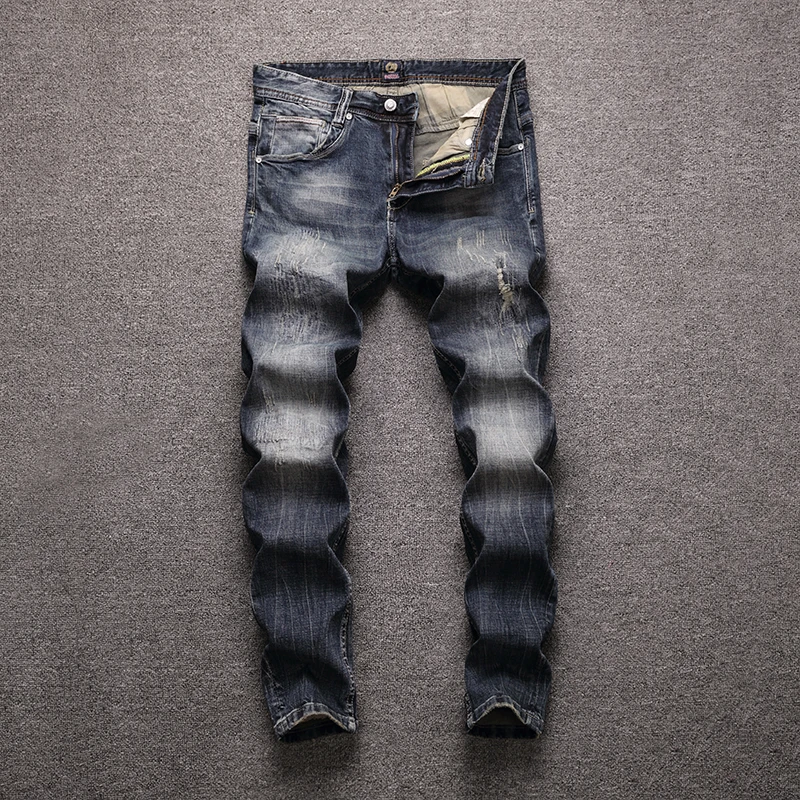 

Fashion Streetwear Men Jeans Retro Blue Wash Slim Fit Ripped Jeans Men Denim Hip Hop Pants Vintage Designer Classical Jeans