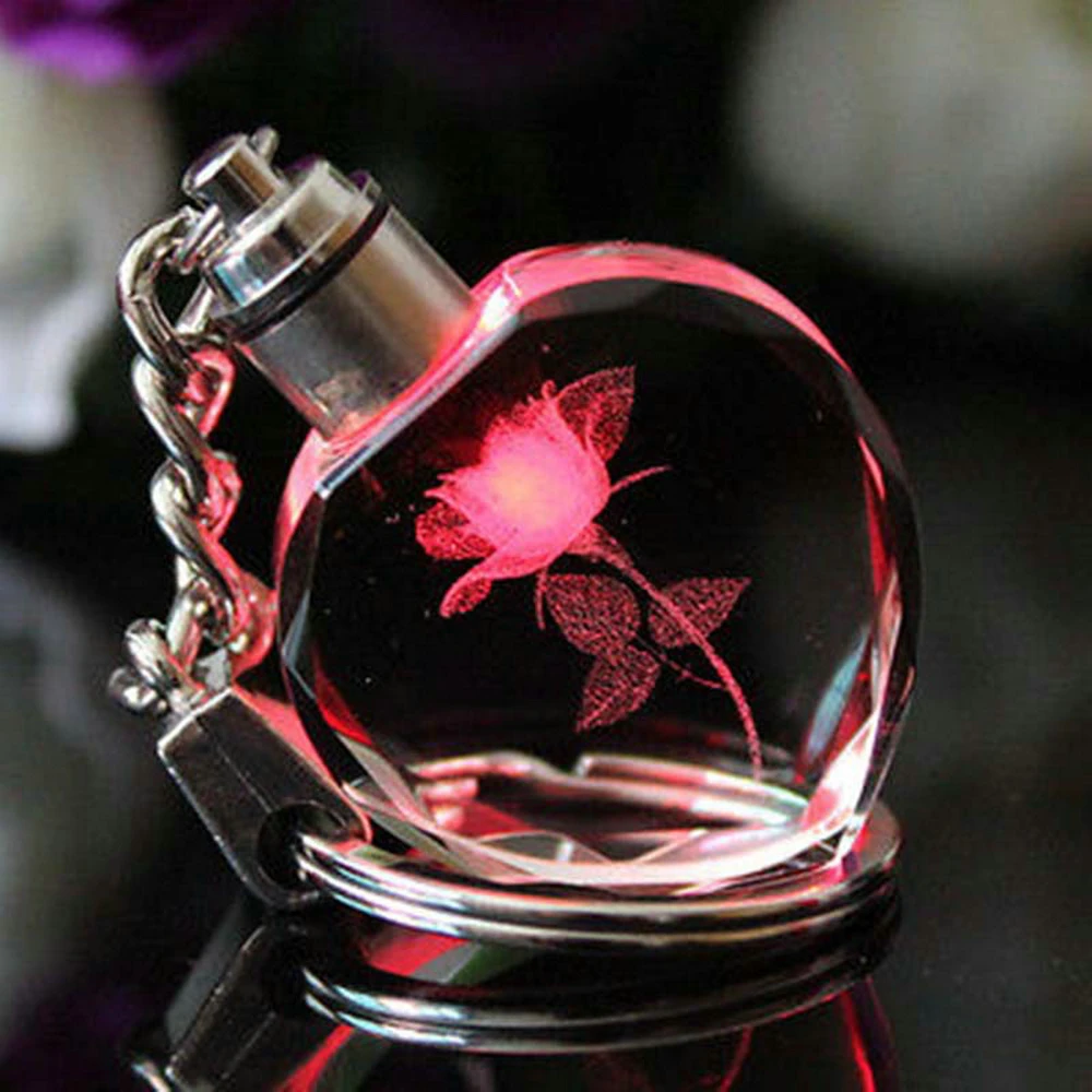 

New Fairy Crystal Rose LED Light Keychain Love Heart Key Chain Ring Keyring For Gift