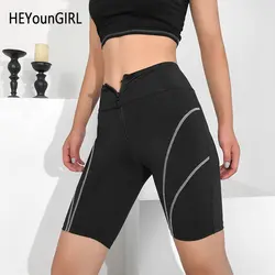 HEYounGIRL шорты с высокой талией, женские полосатые черные байкерские шорты, женские повседневные шорты для фитнеса, женские летние шорты