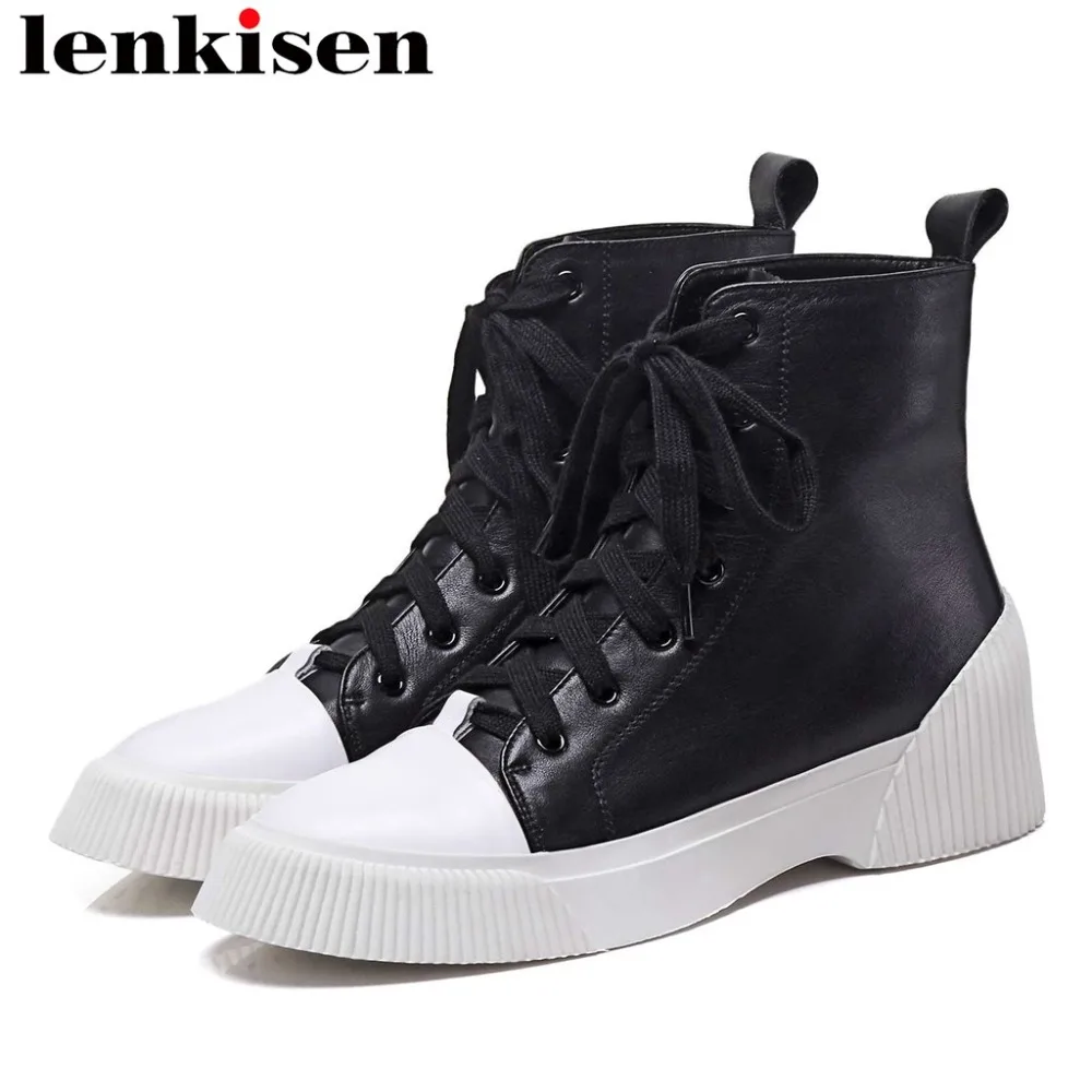 

Lenkisen 2018 natural leather lace up med bottom comfort round toe british school solid platform female short ankle boots L2f6