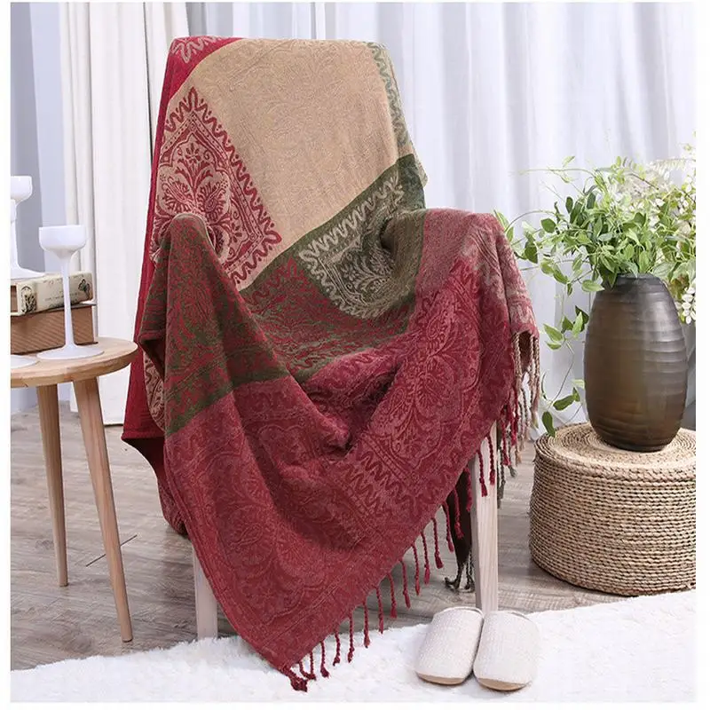 

Bohemian Thicken Red Chenile Cotton Knitted Decorative Sofa Beds Blankets Thread Blanket Soft Vintage Home Decor Tapestry