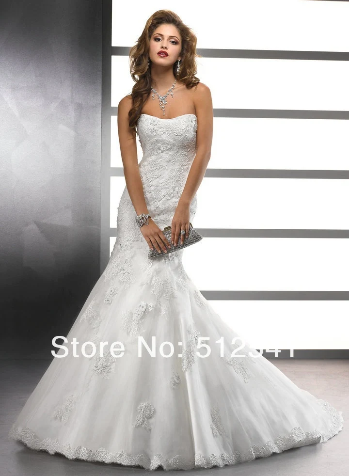Sweep Train Bandage Wedding Dresses Mermaid Trumpet Strapless Beads Flowers Applique Sash Organza I-234