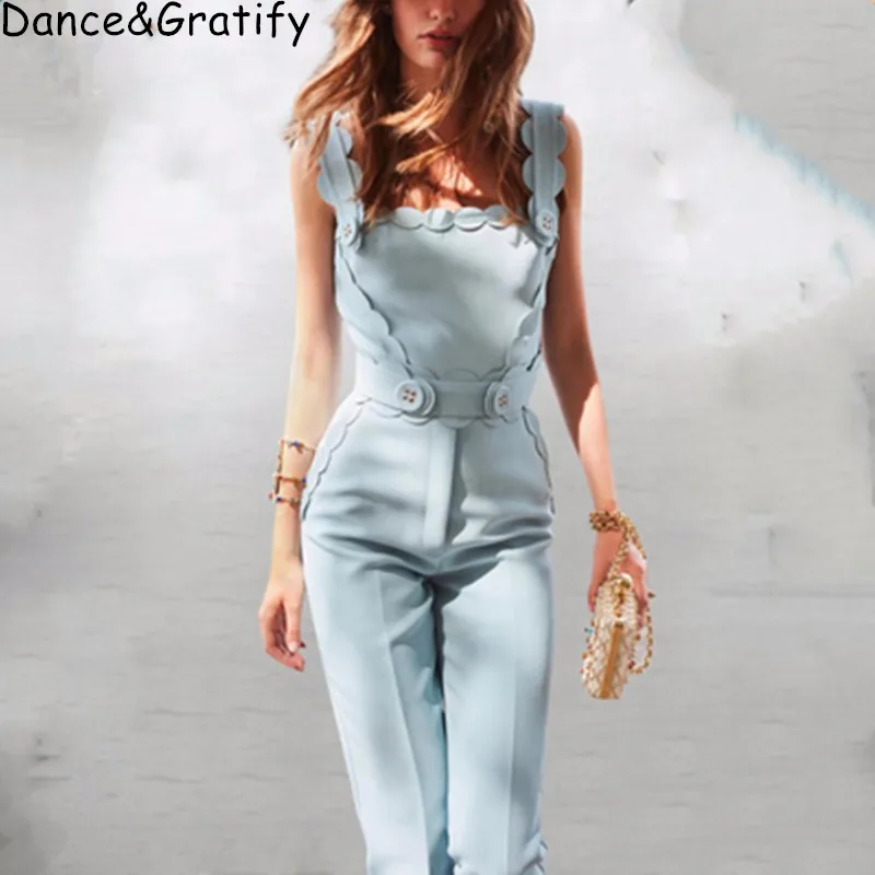 

Women Long Jumpsuits 2019 High Quality Elegant Light Blue Lace up Spaghetti Strap Jumpsuits Offical Lady Business Jumpsuits