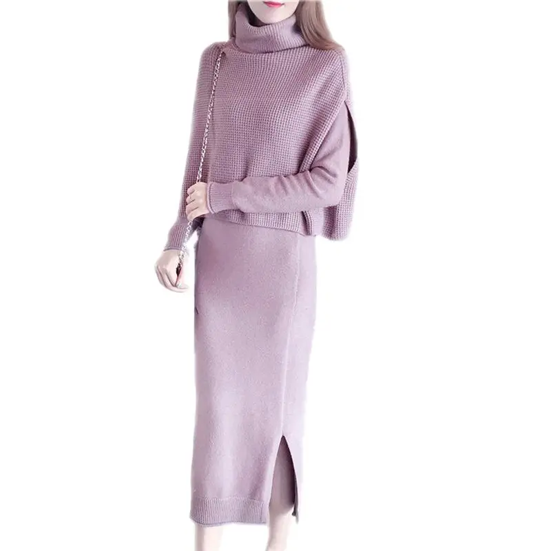 

Autumn Winter Women Loose Fashion Cape Two Piece Suit Female Cloak Turtleneck Elegant Long Sleeve Knit Dress Sweater 2 Piece D41