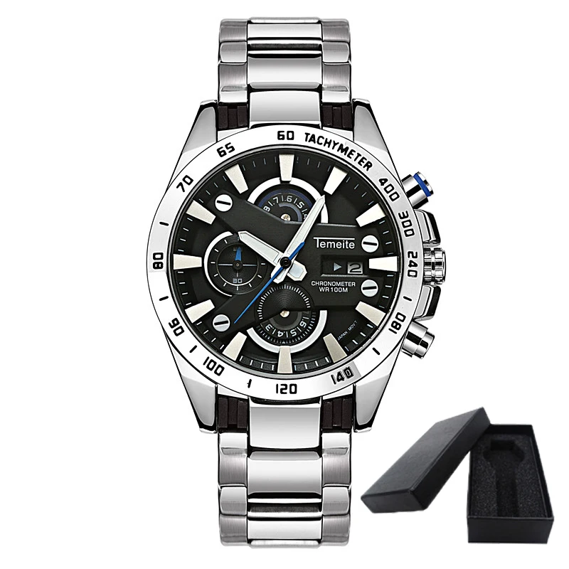 Temeite Мужские Бизнес часы водонепроницаемые Роскошные модные кварцевые часы мужские часы с хронографом и датой военные мужские часы Relogio подарок - Цвет: TEMEITE  2 WITH BOX