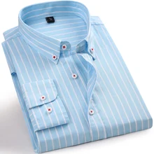 Новые модные синие полосатые мужские деловые рубашки в повседневном стиле хлопок Оксфорд на пуговицах воротник Slim Fit бренд мужские рубашки