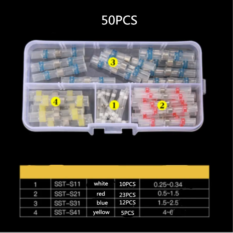 50 шт с коробкой SST-S11 S21 S31 S41 Термоусадочные Butt Wire разъемы Водонепроницаемый Луженая Медь припоя печать терминалы комплект комплект