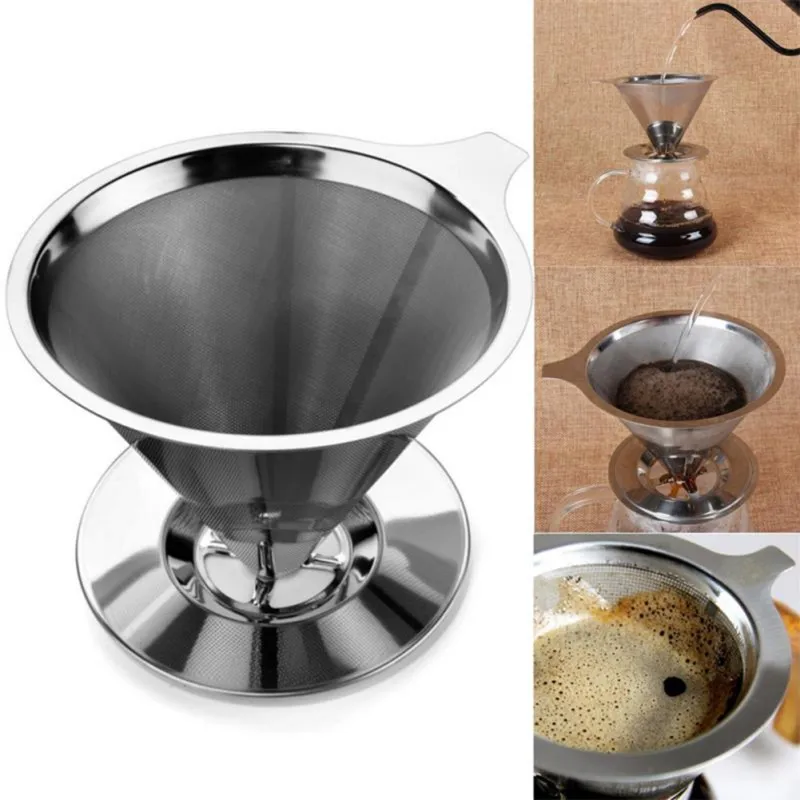 Двойной Слои Нержавеющая сталь Кофе держатель фильтра залить Воронка-дриппер для кофе сетка фильтр для кофе, чая, металлическая корзина конусный стакан