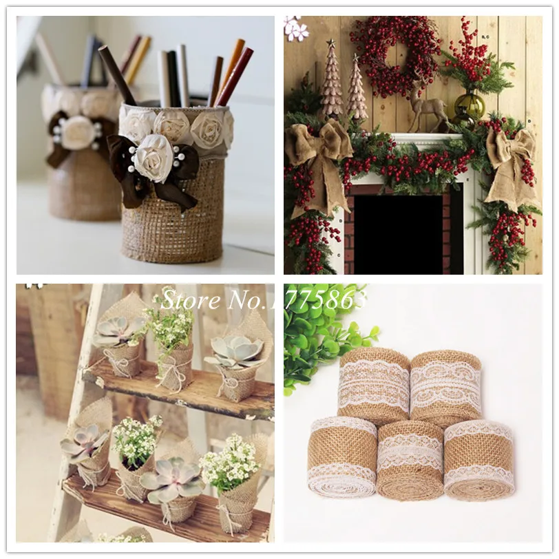 

2 meters Natural Jute Burlap Hessian Ribbon with Lace Trims Tape Roll Vintage Rustic Wedding Decoration Craft AA8032