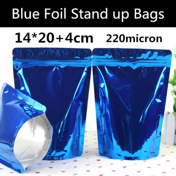 

100pcs 14cm*20cm+4cm(Bottom) 220mic Glossy Blue Aluminum Foil Zip Lock Bag Stand up Blue Gift Packaging Bag