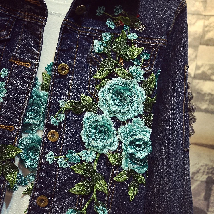 Greatest  2018 Autumn Spring New Women's Short Jacket Fashion Embroidery Green Flower Long Sleeved Holes Jean