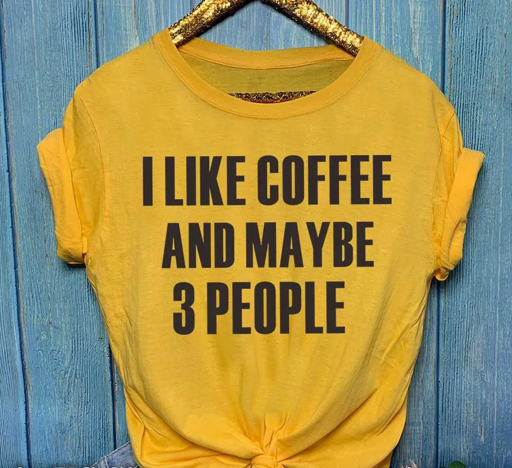 Женские топы с надписью I Like Coffee and возможно 3 People модные серые хлопковые