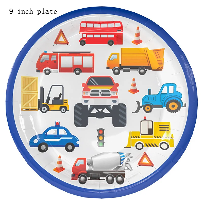 Мультфильм автомобиль вечерние одноразовая посуда тарелка Салфетка скатерть чашки строительная техника ко дню рождения украшения, товары для вечеринки - Цвет: 9 inch plate 6pcs
